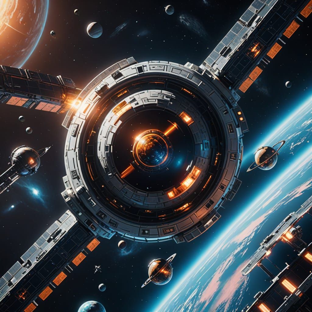 Hyperrealistic Sci-Fi Space Station Orbiting Planet