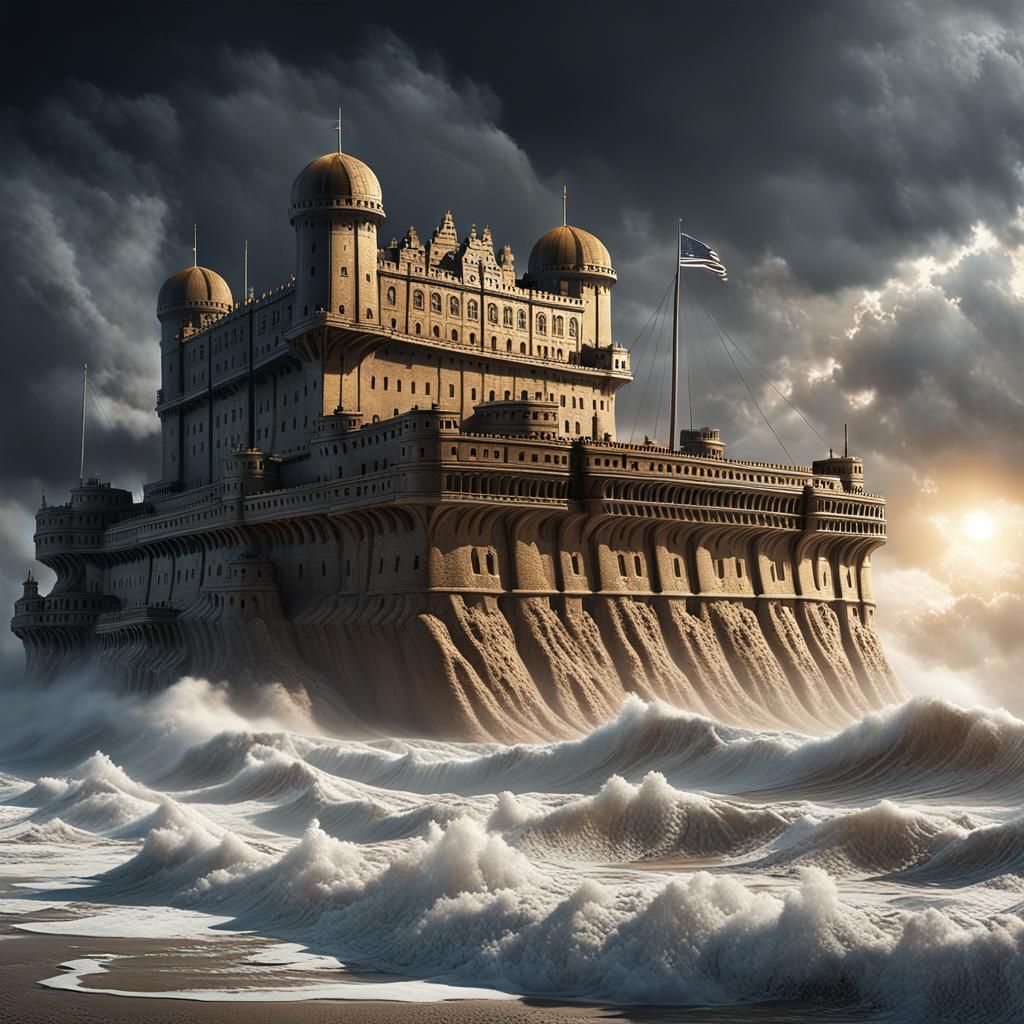 Titanic Sandcastle Amidst Storm, Cinematic Digital Painting