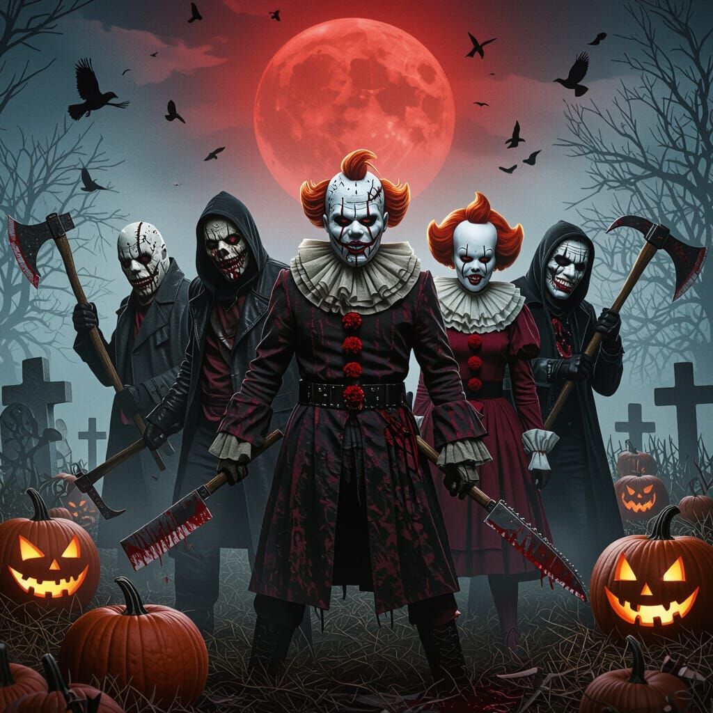 Horror Movie Poster: Terrifying Masked Killers in Graveyard