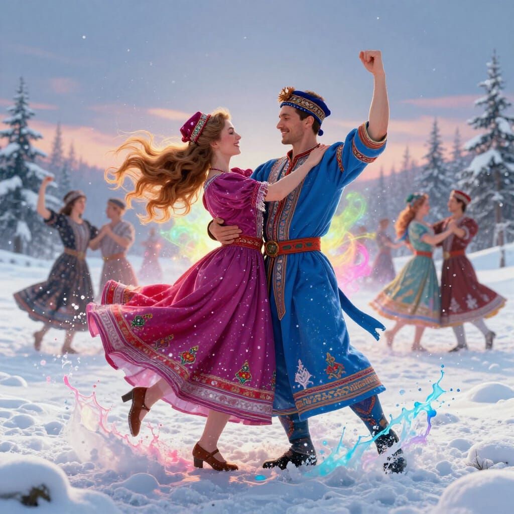 Russians Dancing Joyfully in Snowy Winter Landscape