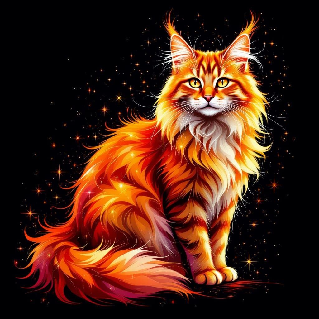 Cat Made of Fire with Glittering Starry Fur