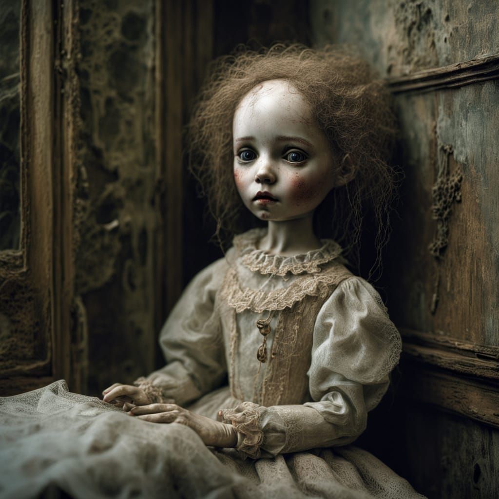 Surreal Porcelain Doll in Abandoned Nursery