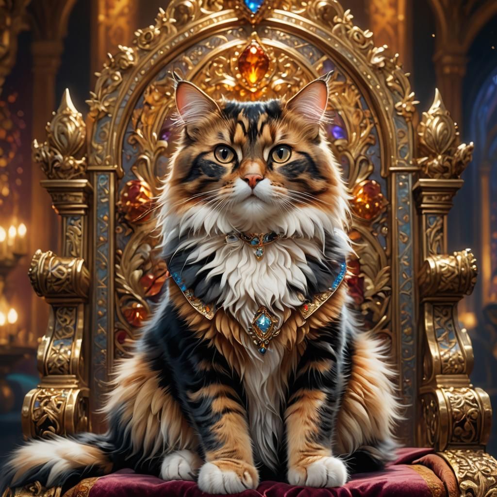 Regal, Glowing Calico Cat in Ornate Throne