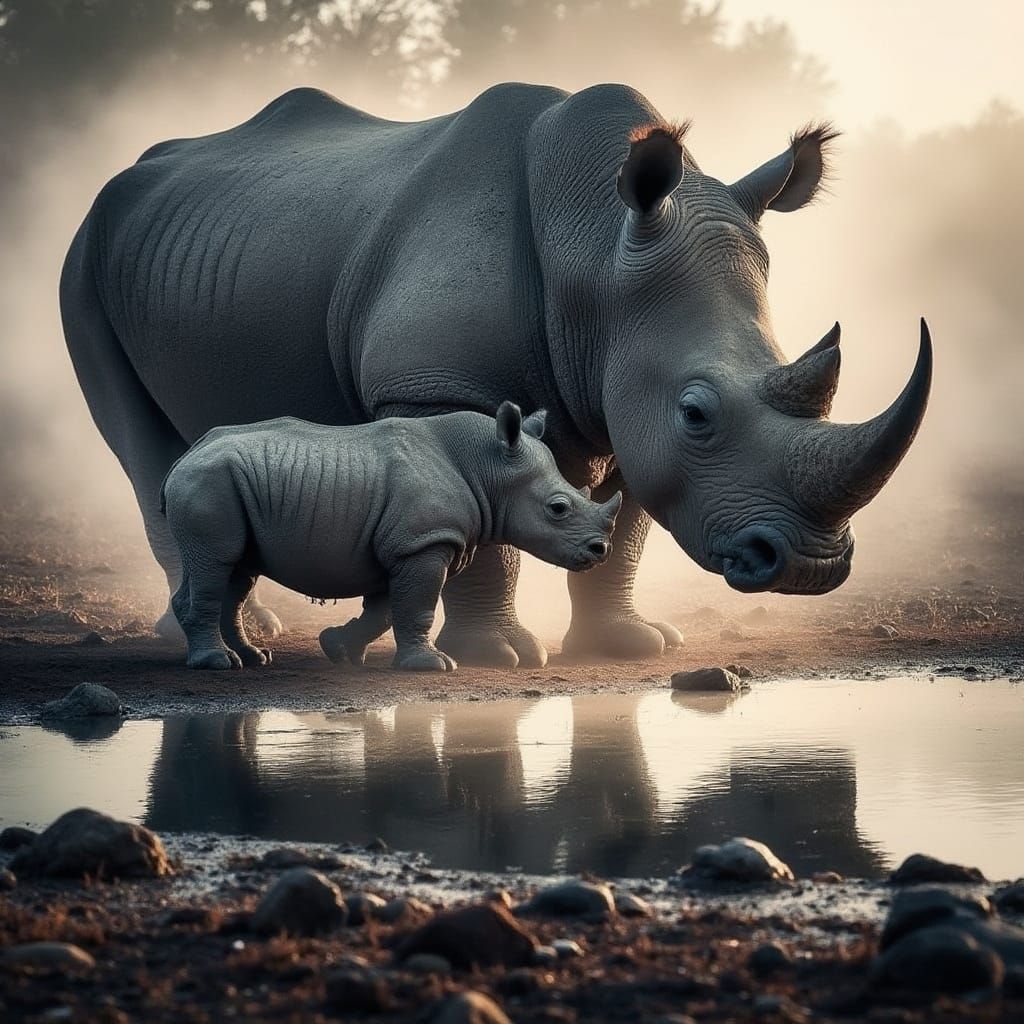 Mother rhino stands protectively over her calf at a shimmeri...