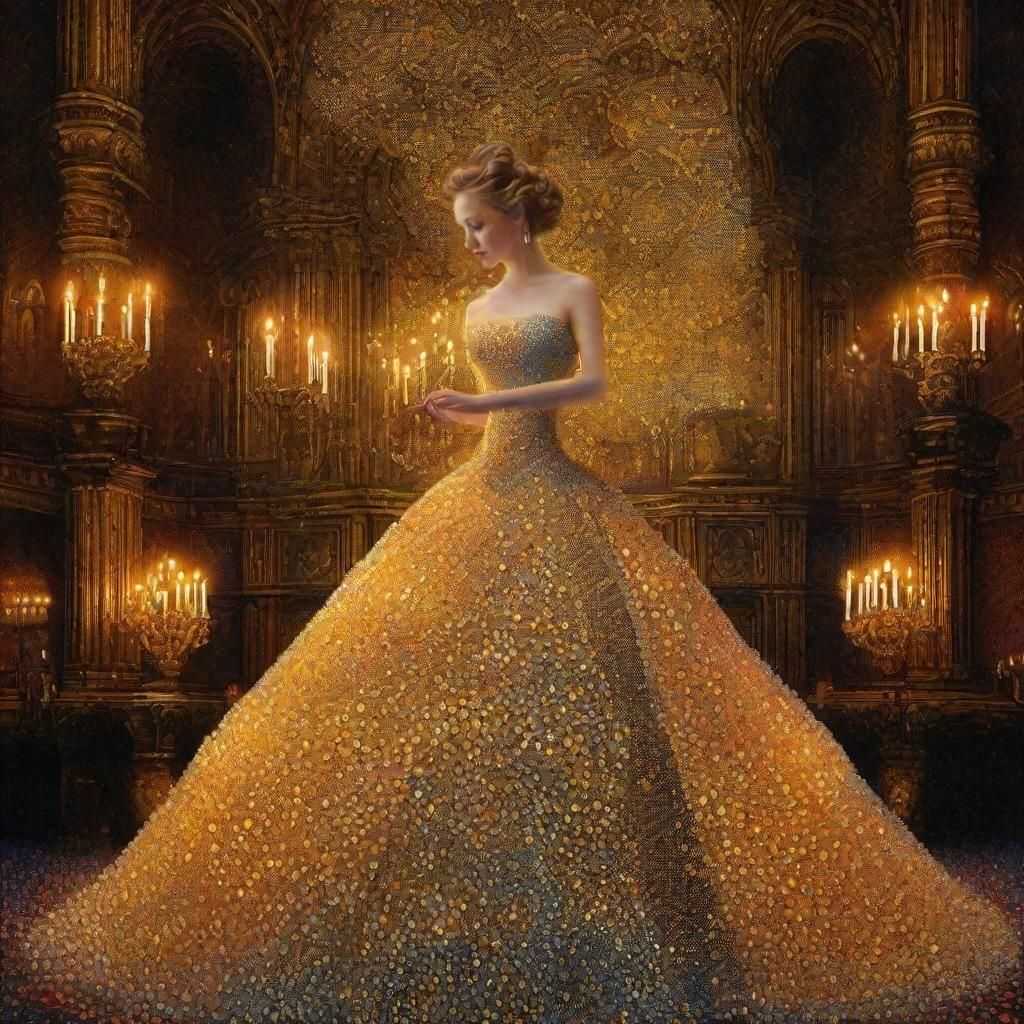 Honeycomb Ball Gown in Pointillism Style