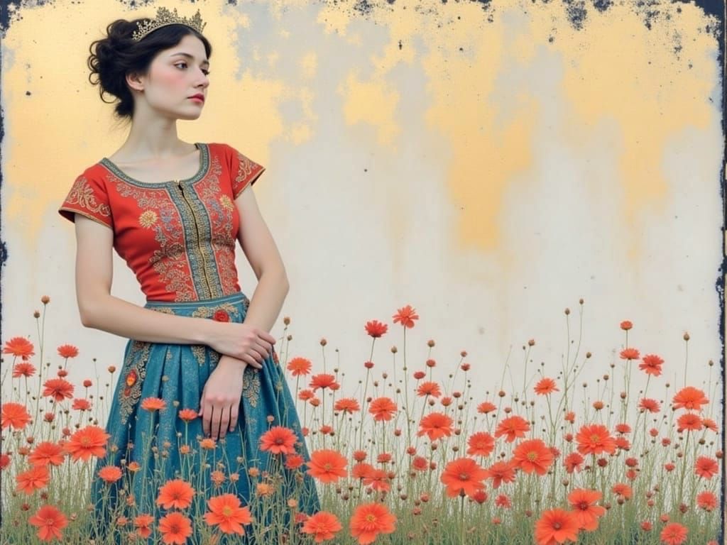 Woman with Floral Background in Klimt Style