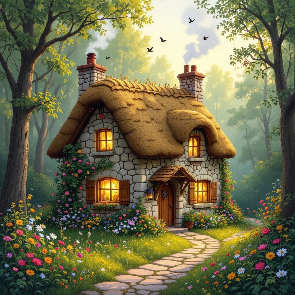 Charming Candy Cottage in Lush Forest, Illustrative Style