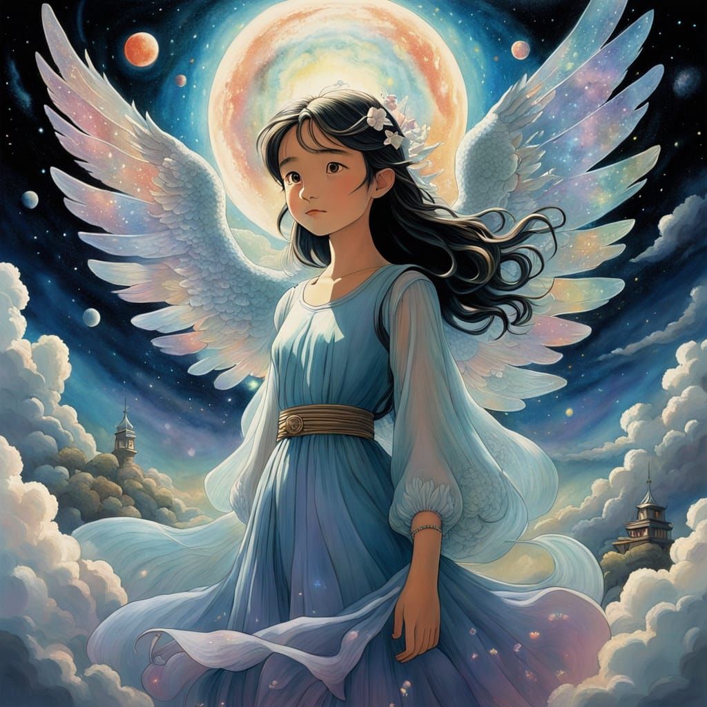 Angel in Cosmic Watercolor Landscape