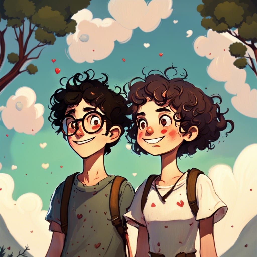 Couple on Hilltop with Heart Clouds