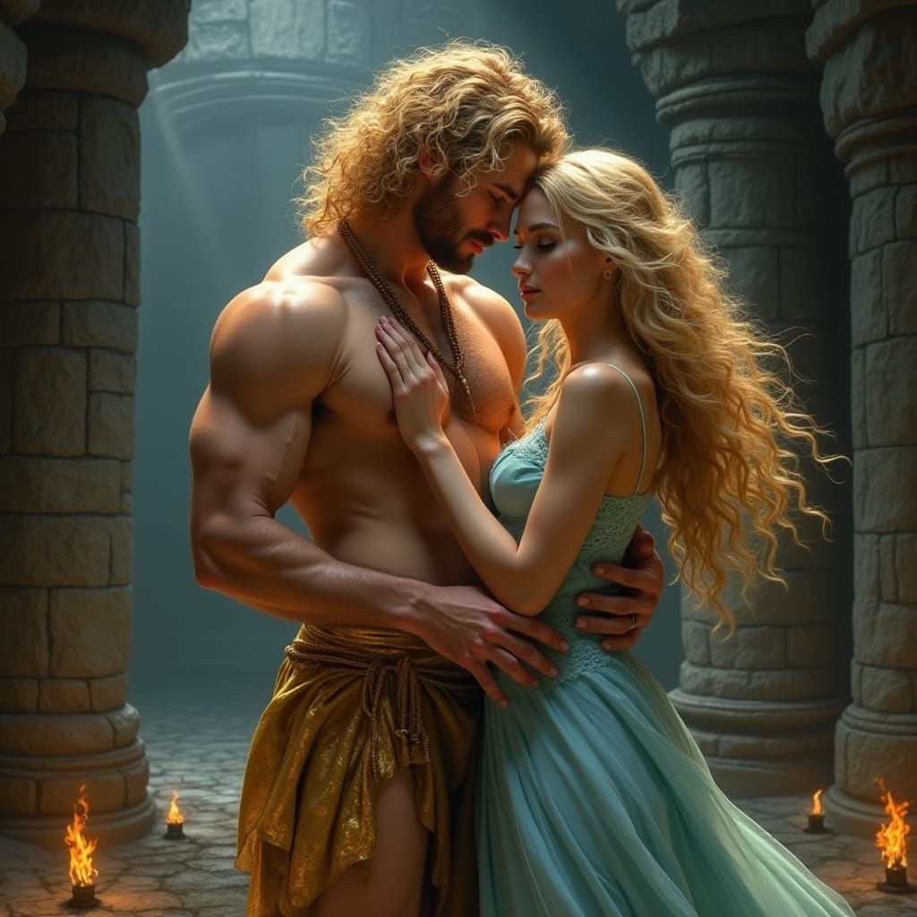 Chiseled Hero Embracing Enchanting Beauty in Ancient Castle