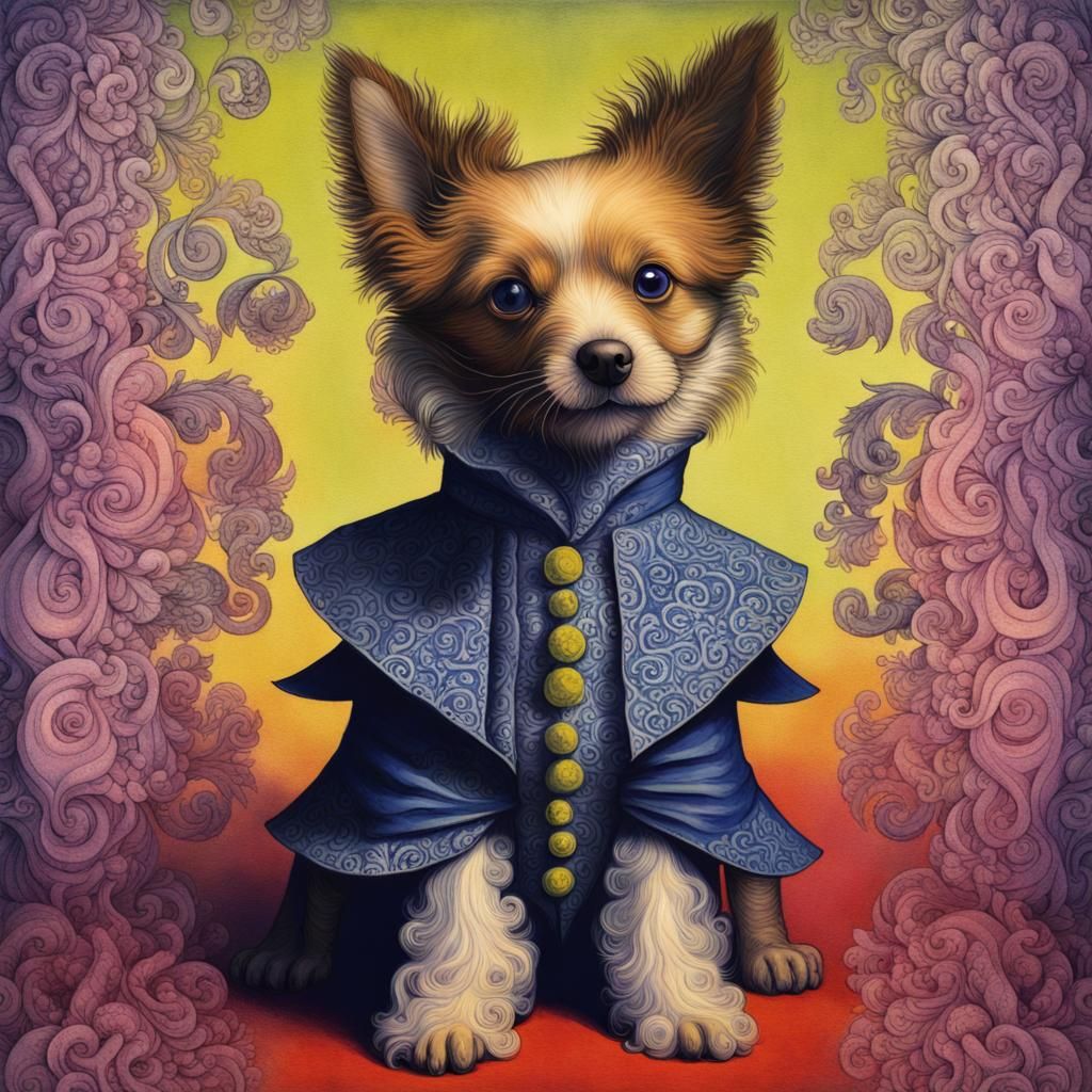 Puppy in 16th Century Ruff, Psychedelic Maximalist Art