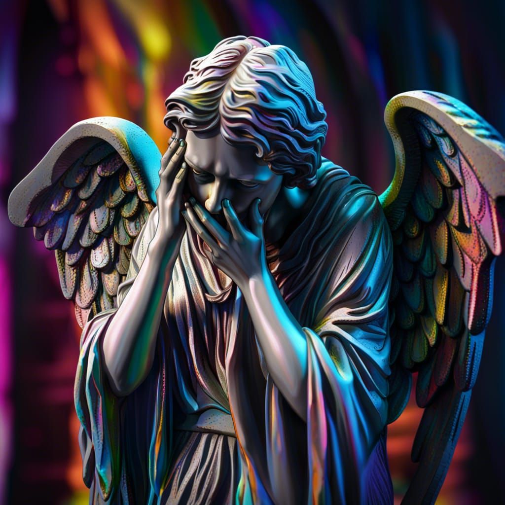 High-Contrast Weeping Angel Statue in Polychromatic Detail