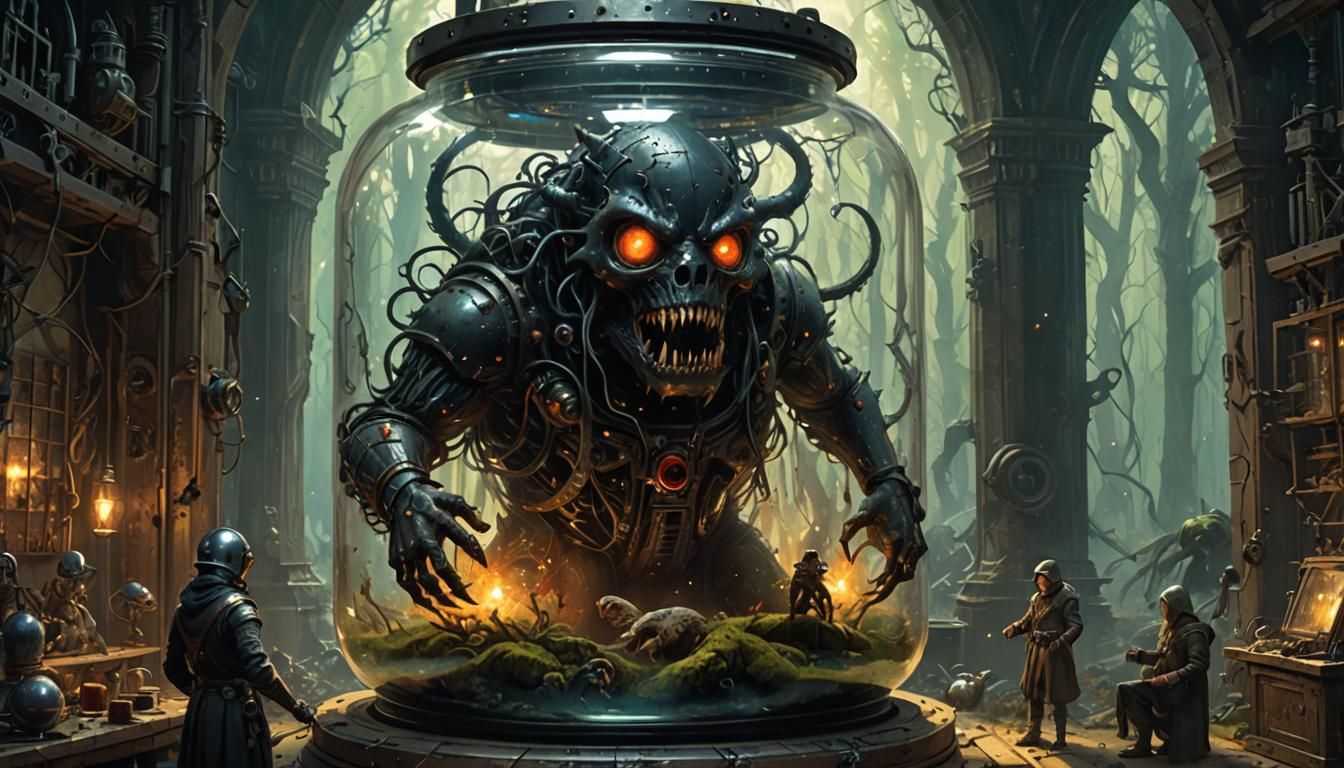 Dieselpunk Monster in Jar with Nebulae, Digital Illustration