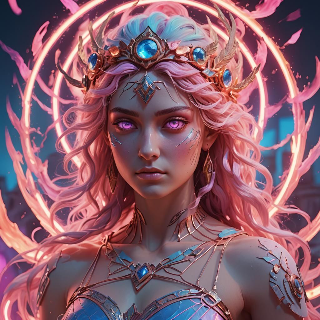 Neon Aura Greek Goddess with Fire Eyes