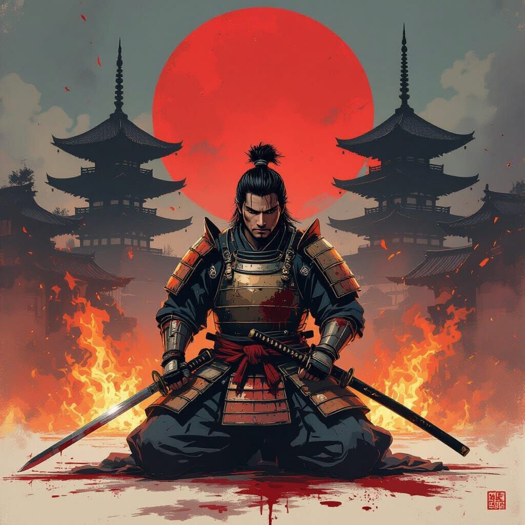 Samurai Kneeling Before Burning Temple: Hokusai Style