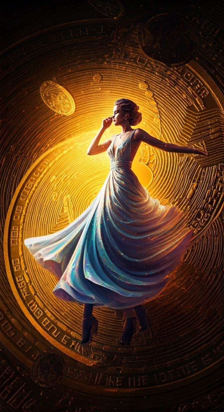 Futuristic Fashionista Whirls Through Bitcoin Vortex in Holo...