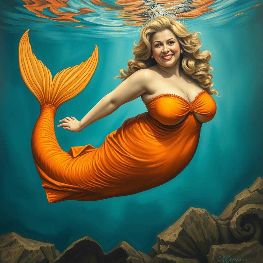 Happy Mermaid in Orange Dress, Surreal Oil Painting