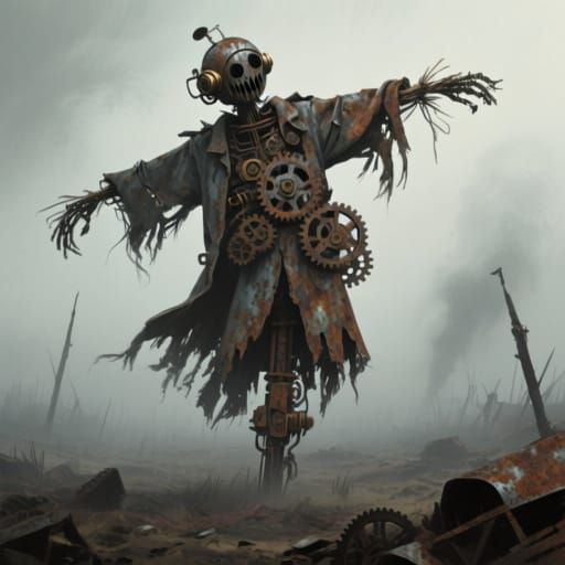 Rusted Scrap Metal Scarecrow in Foggy Battlefield