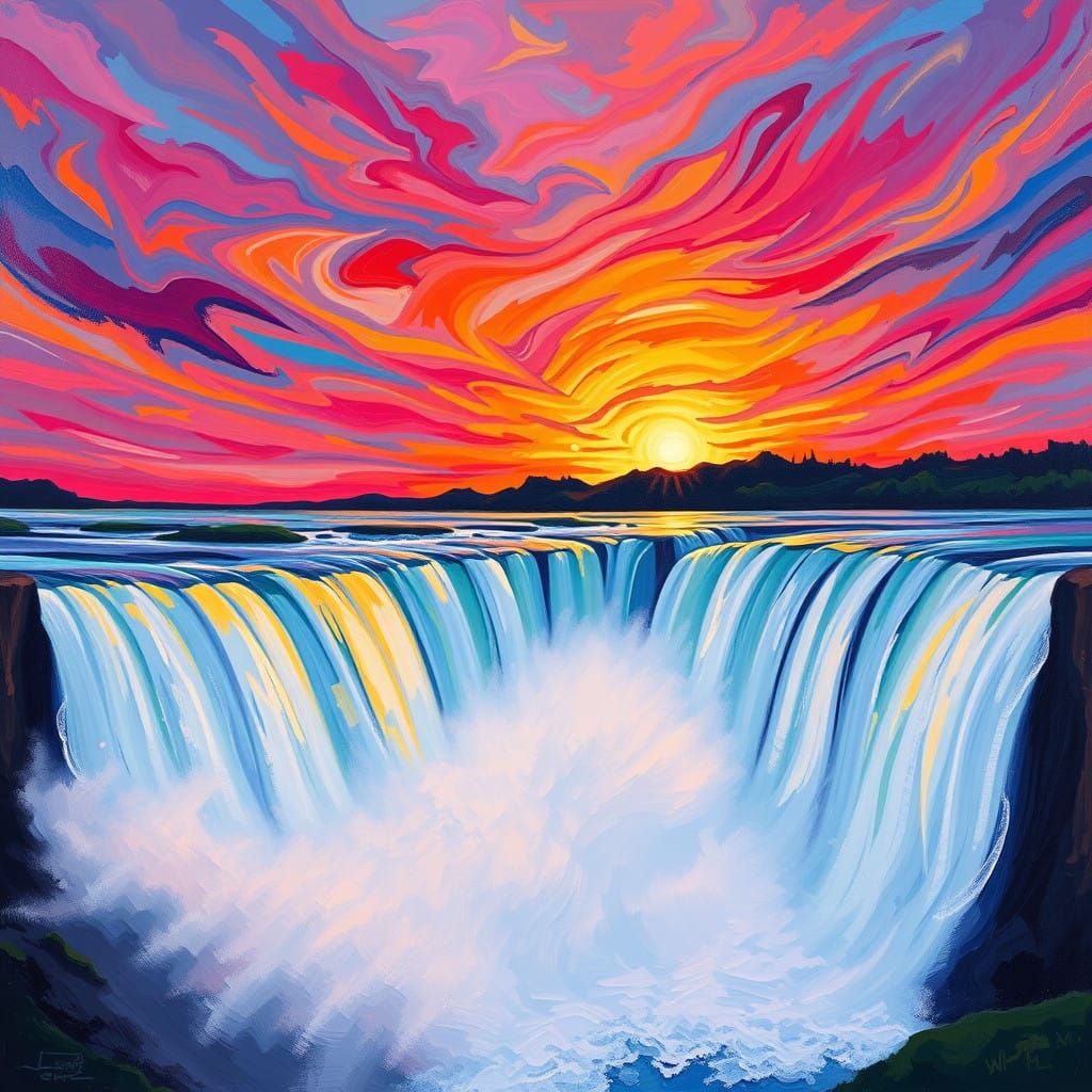Vibrant Niagara Falls at Sunset in Neo-Expressionist Style