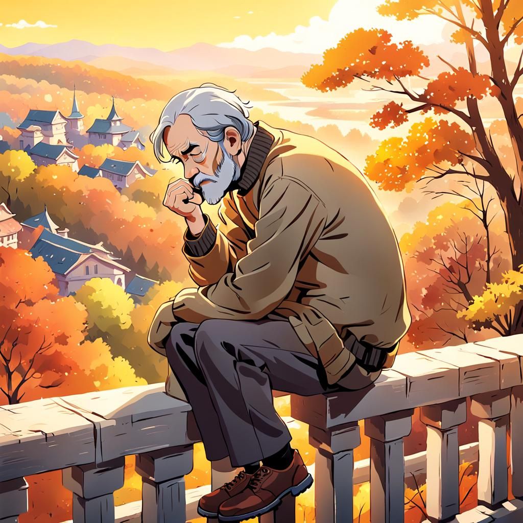 Anime Illustration: Old Man Gazing at Autumnal View