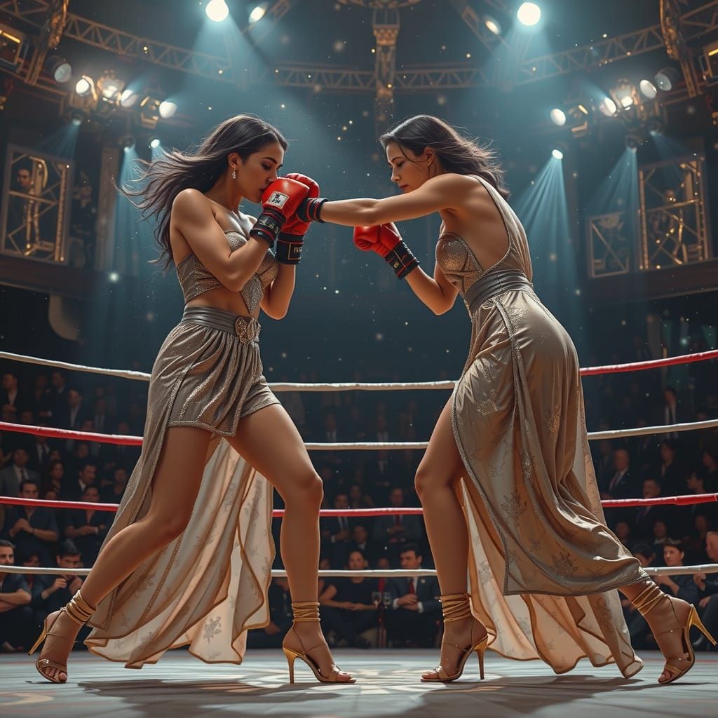 Fierce Women's Boxing Match in Glamorous Cocktail Dresses