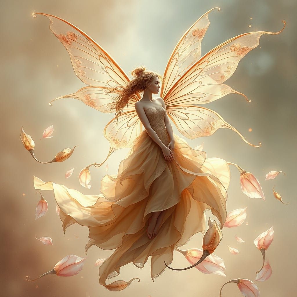 Whimsical Fairy in Enchanted Misty Landscape