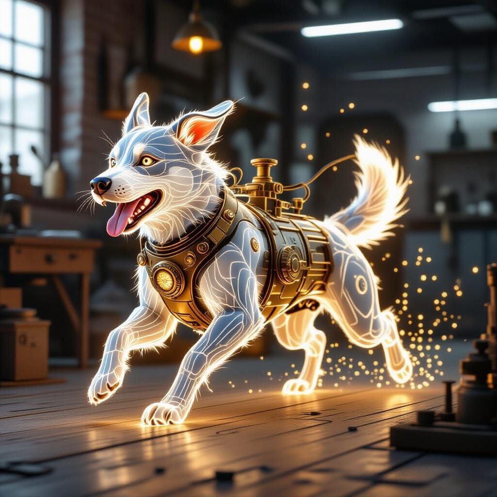 Steampunk Dog of Light Runs into Workshop