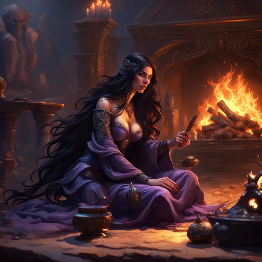 Sorceress and Paladin by Firelight, Dark Fantasy Art