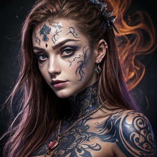 Dragonborn Mage Casting Fire Spell with Runic Tattoos