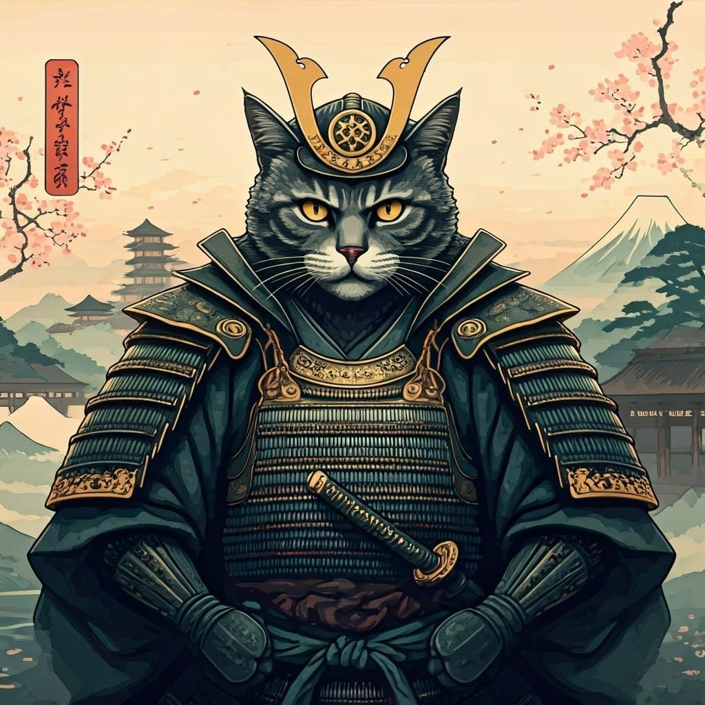 Cat-zilla samurai traditional Japanese woodblock prints, cre...