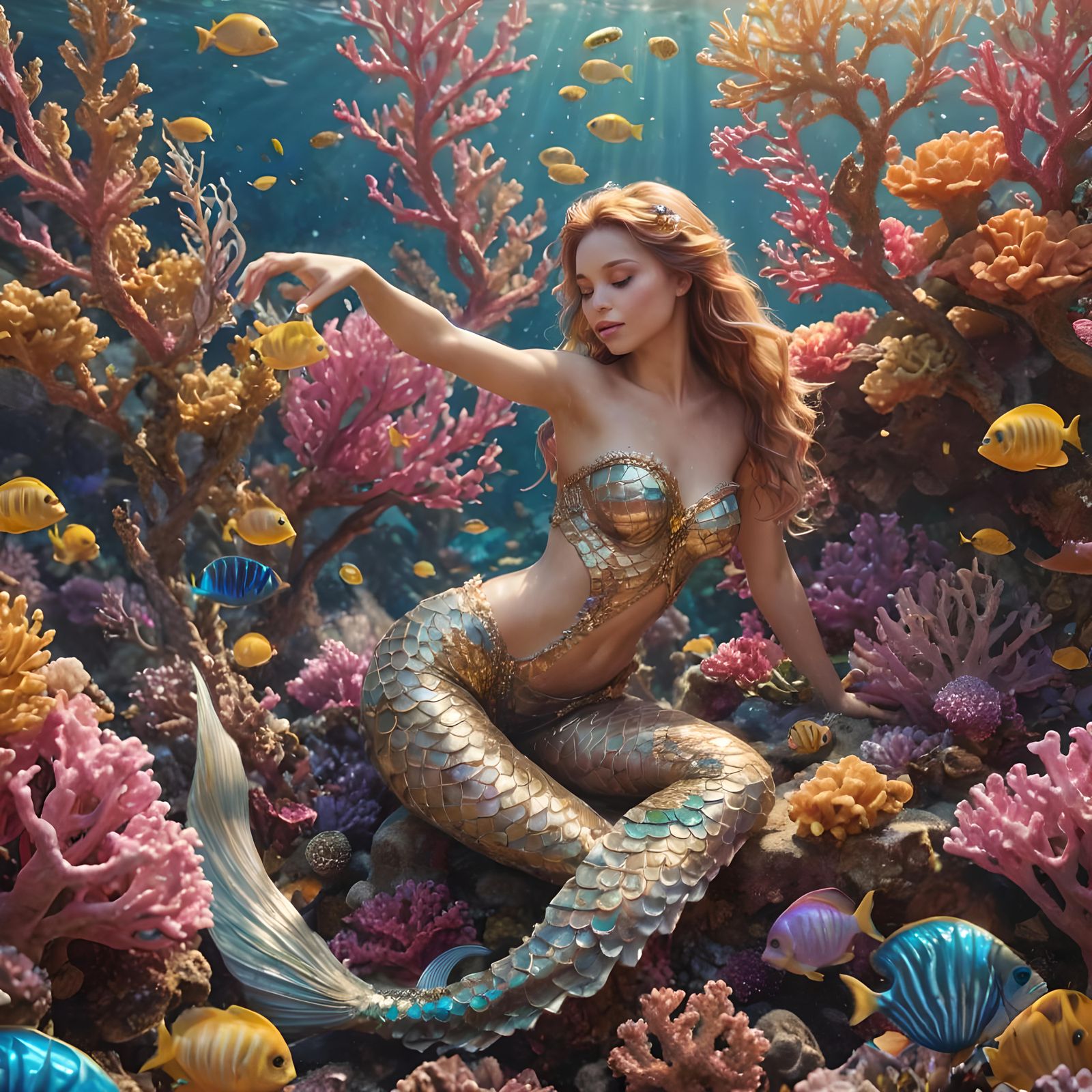Mermaid in a Colorful Coral Reef