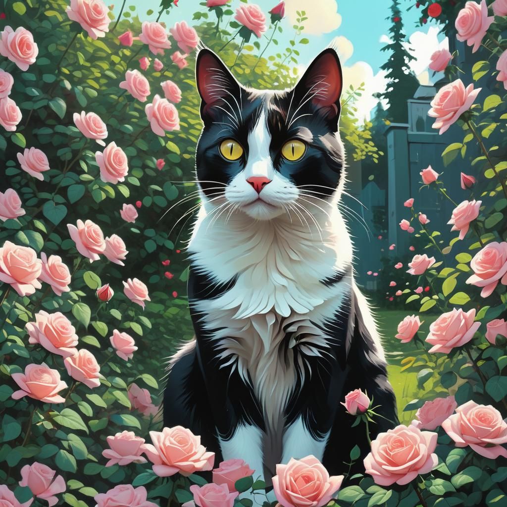 Cat Among Roses: A Digital Oil Painting