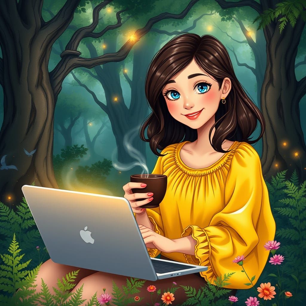 Enchanted Writer in Whimsical Fantasy Forest
