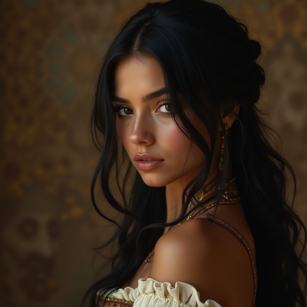 Stunning Woman in 17th-Century Musketeer Attire with Long Bl...