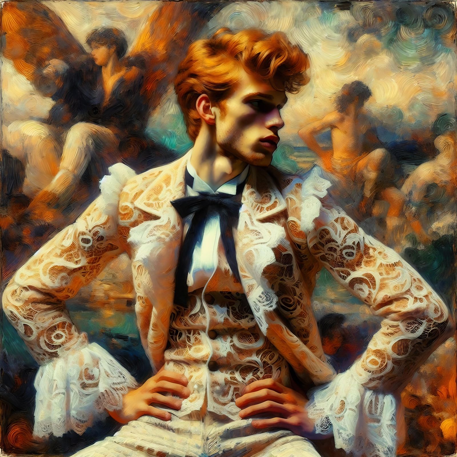 Ginger Haired Man Posing as Pin-Up in Gouache Style