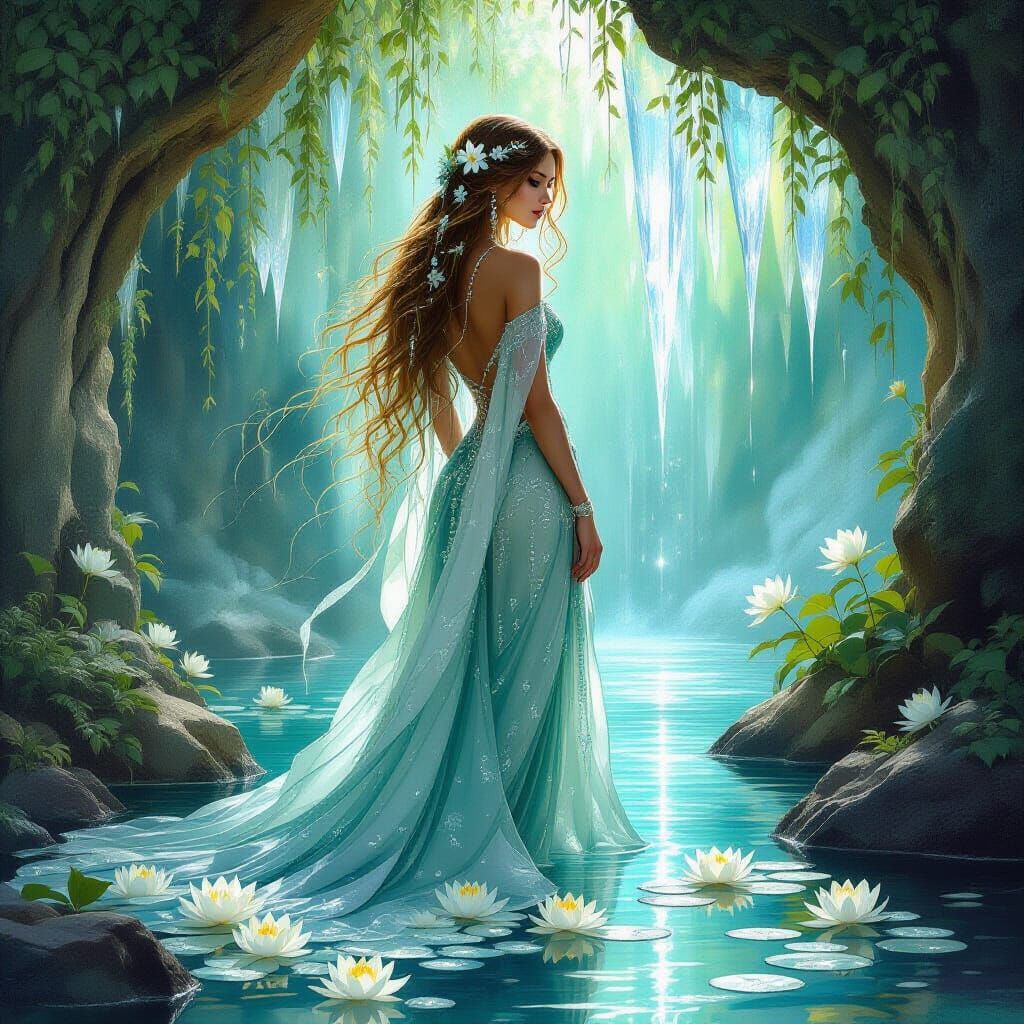 Enchantress in Luminous Grotto, Pre-Raphaelite Art Nouveau