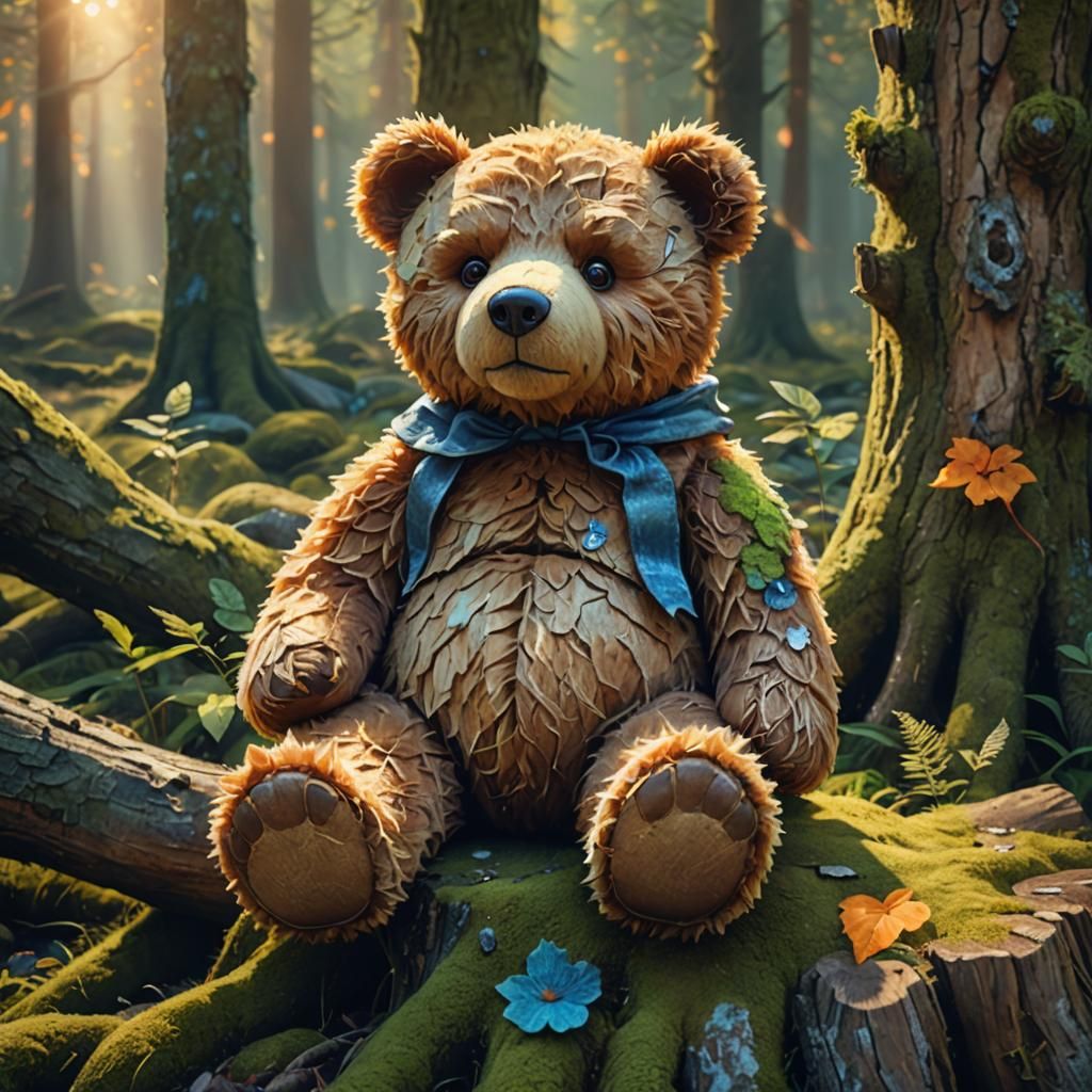 Cute Teddy Bear on Mossy Stump: Fantasy Art