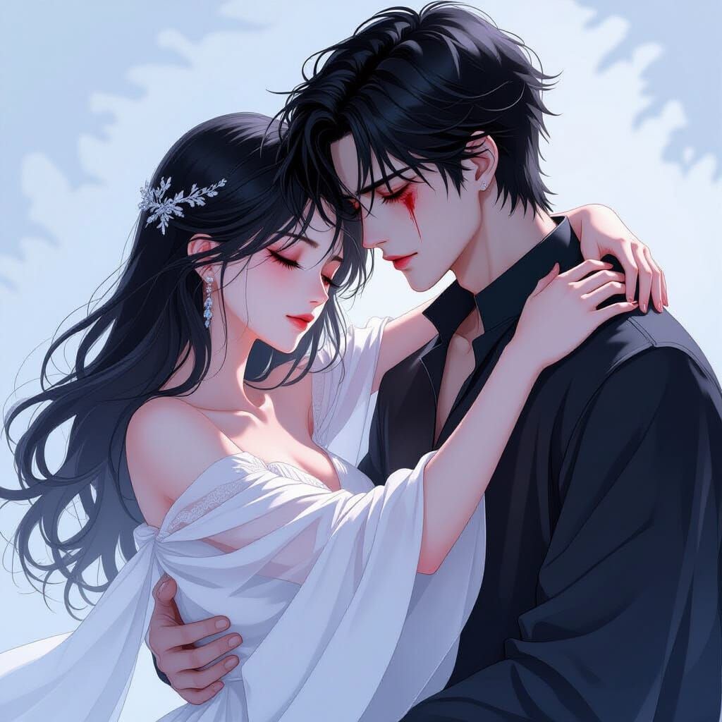 Anime Embrace: Woman Touches Cursed Man in White Dress