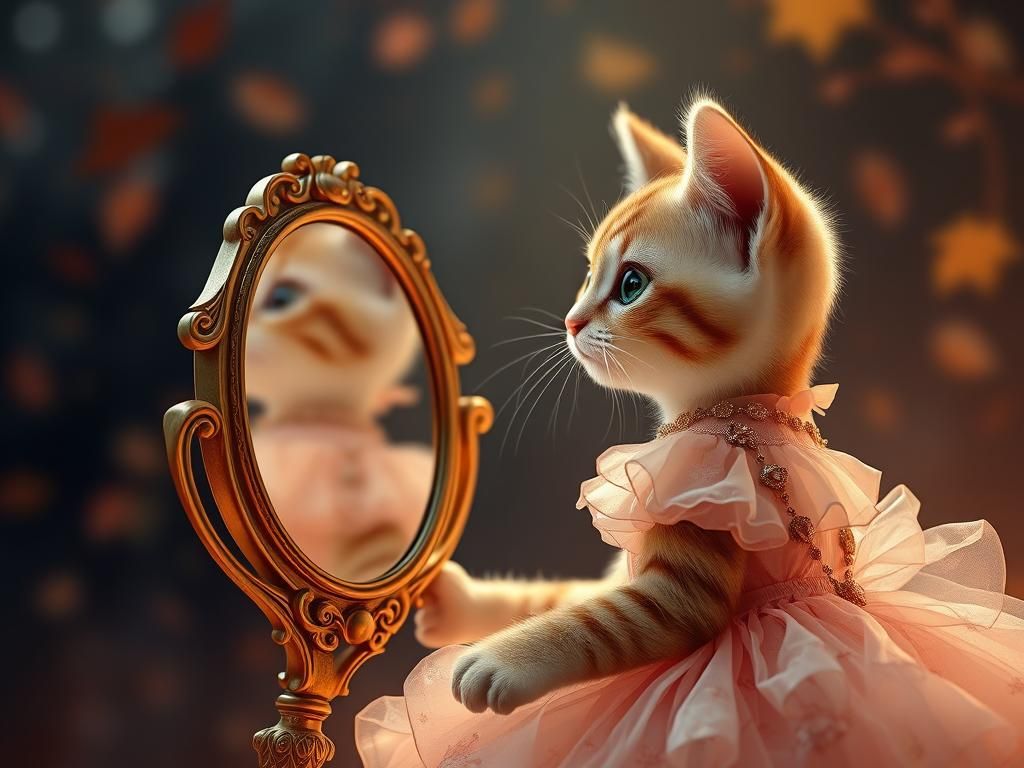 Anthropomorphic Cat in Mirror: Hyperrealistic Digital Art