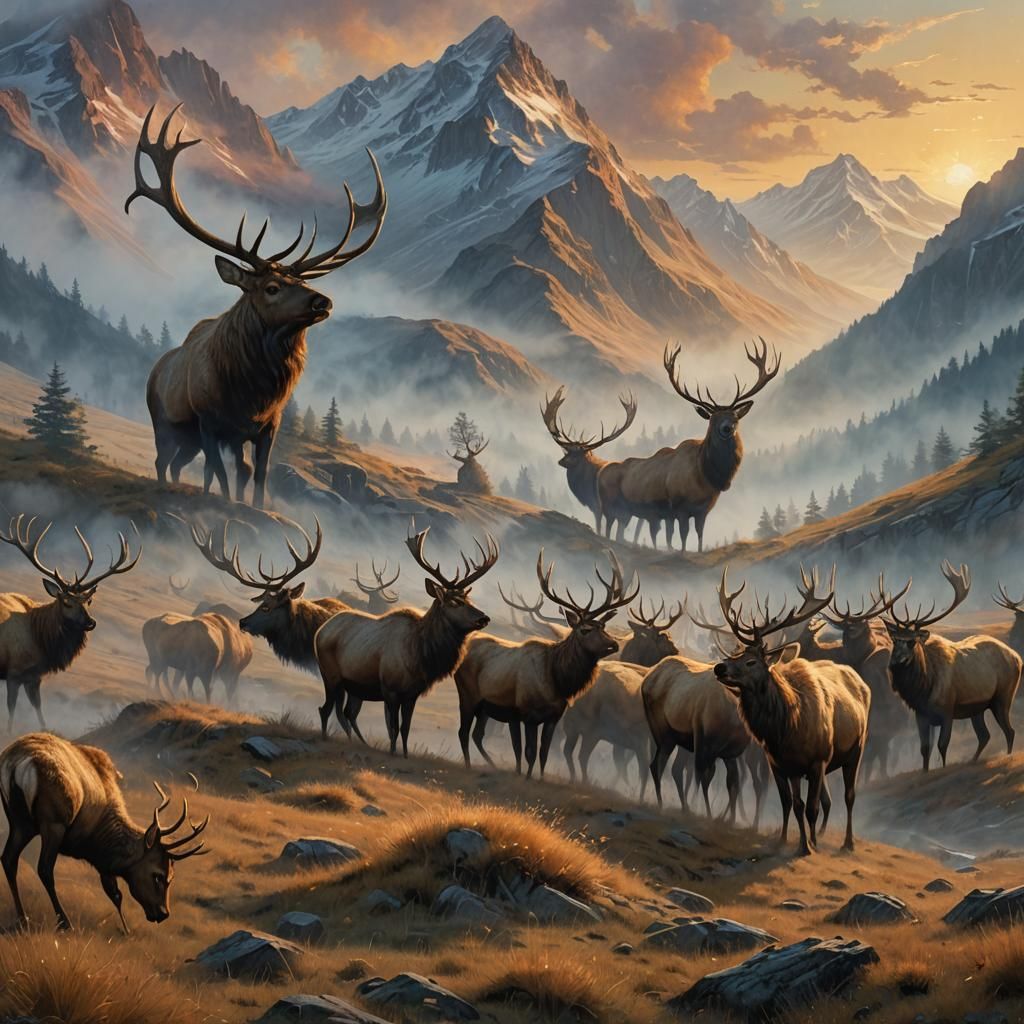 Elk Herd Roaming Misty Mountains at Sunrise