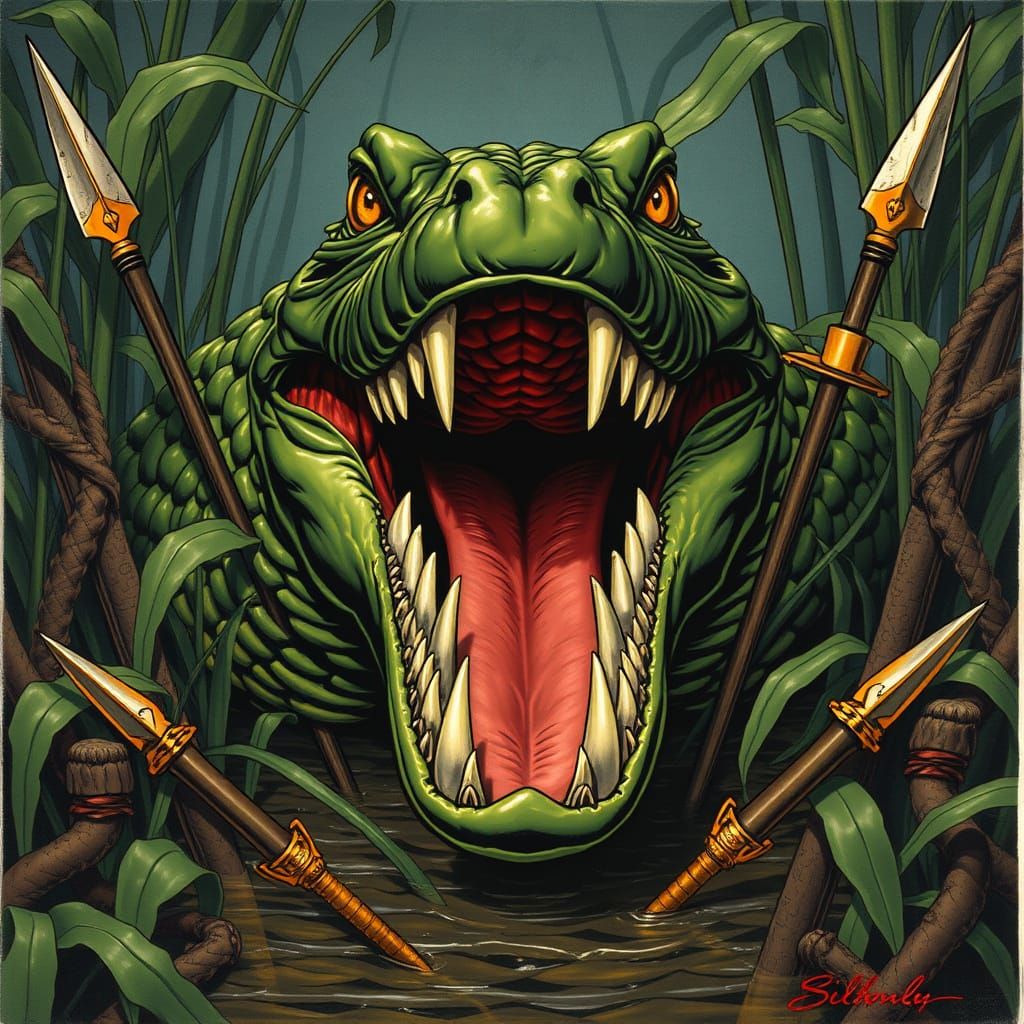 Crocodile Heraldic Emblem with Spears in Frazetta Style