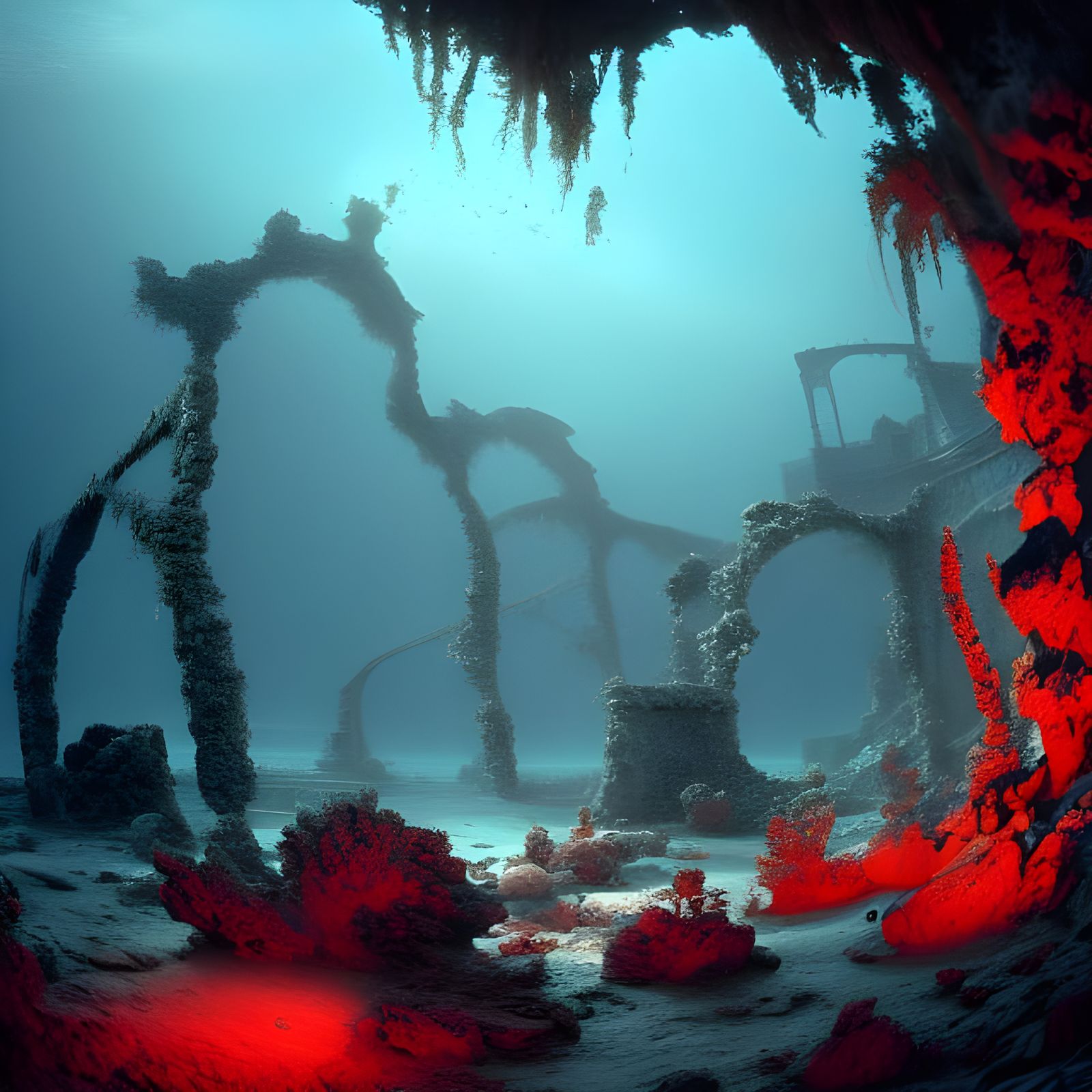 Underwater Fantasy Ruins with Red Lighting