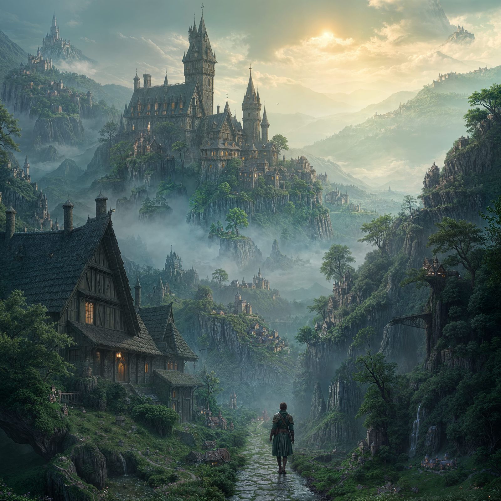 Fantastical Village and Castle Landscape in Detailed Matte P...
