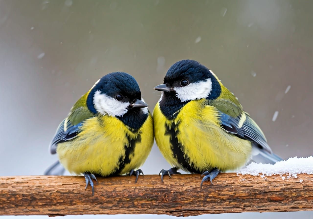 Cozy Great Titmouse Birds on Frosty Branch