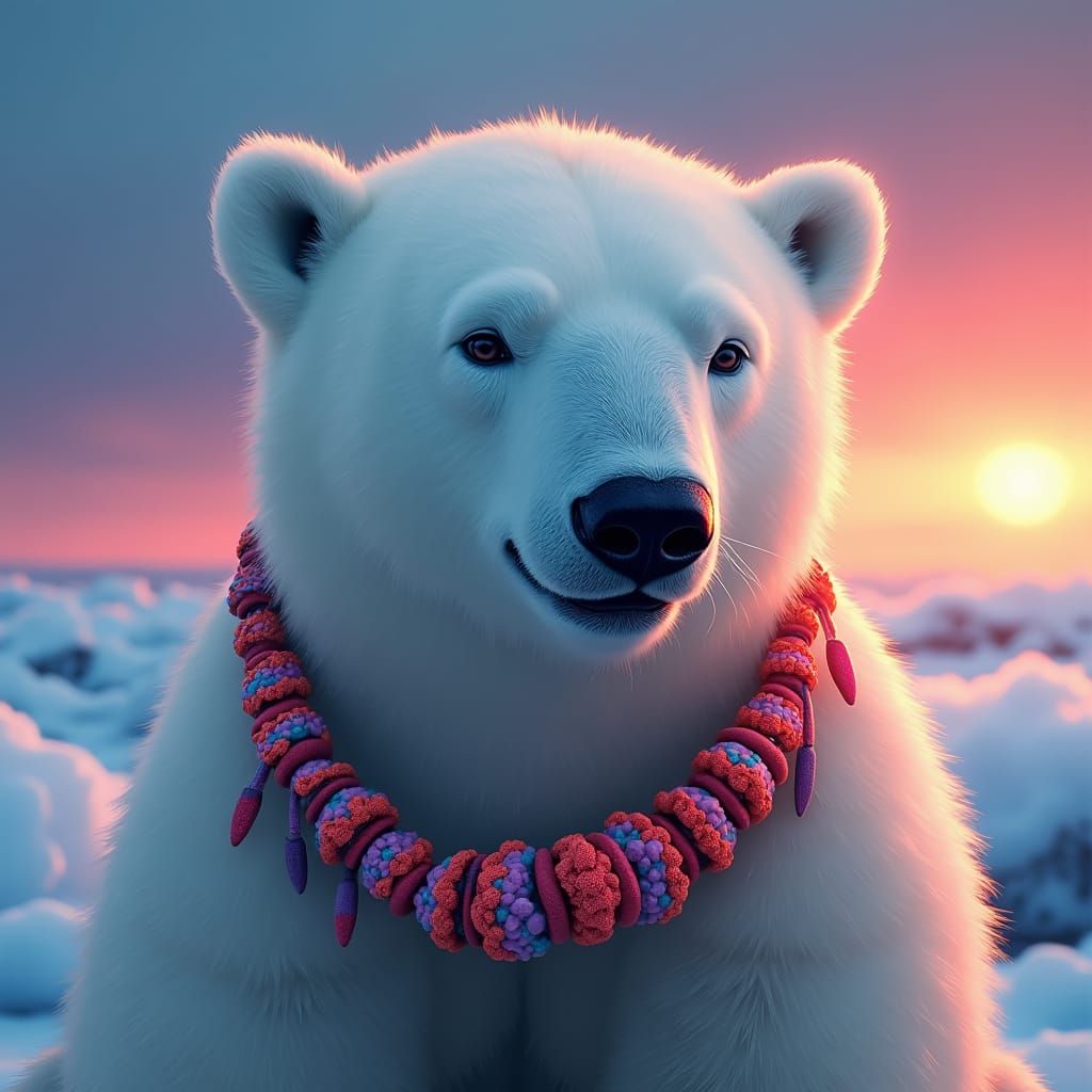 Smiling Polar Bear Portrait with Colorful Beads