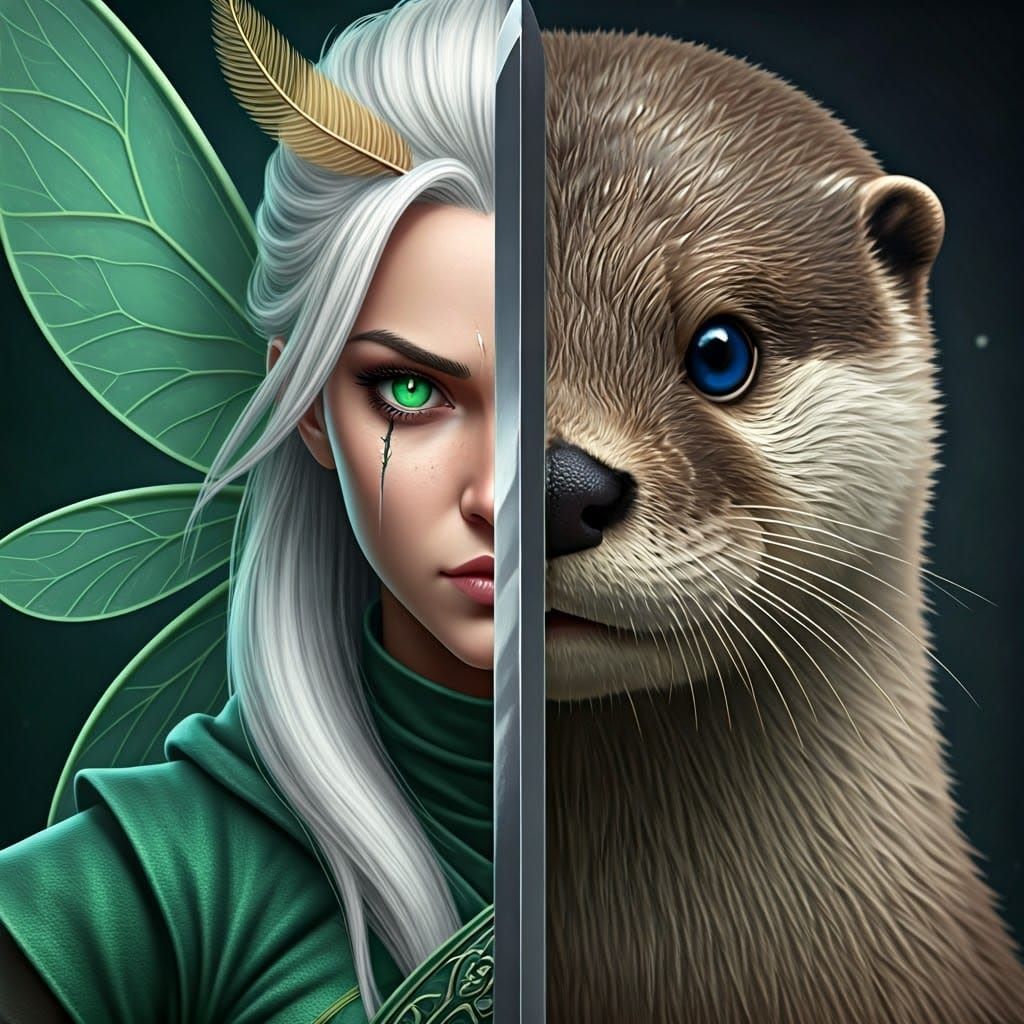 Split-Image Portrait of Fierce Fairy and Cute Sea Otter
