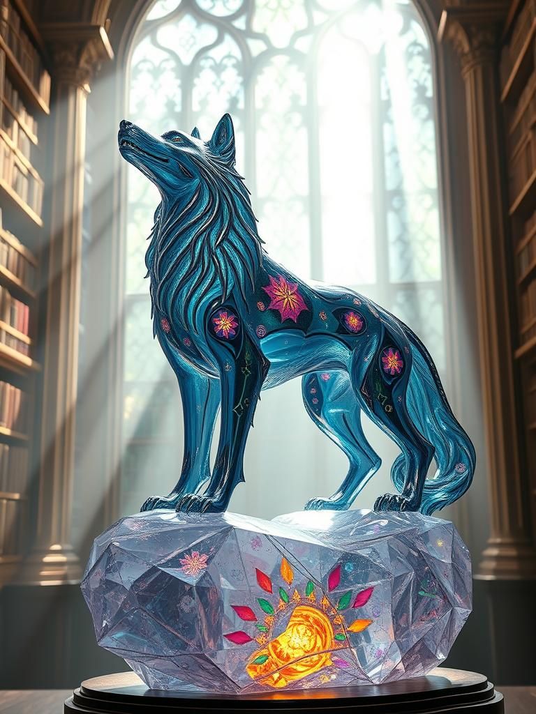 Gothic Glass Wolf Sculpture in Magical Library