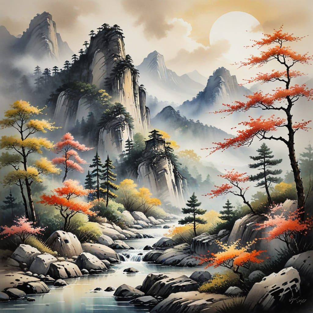 Serene Chinese Silk Mountain Landscape Painting