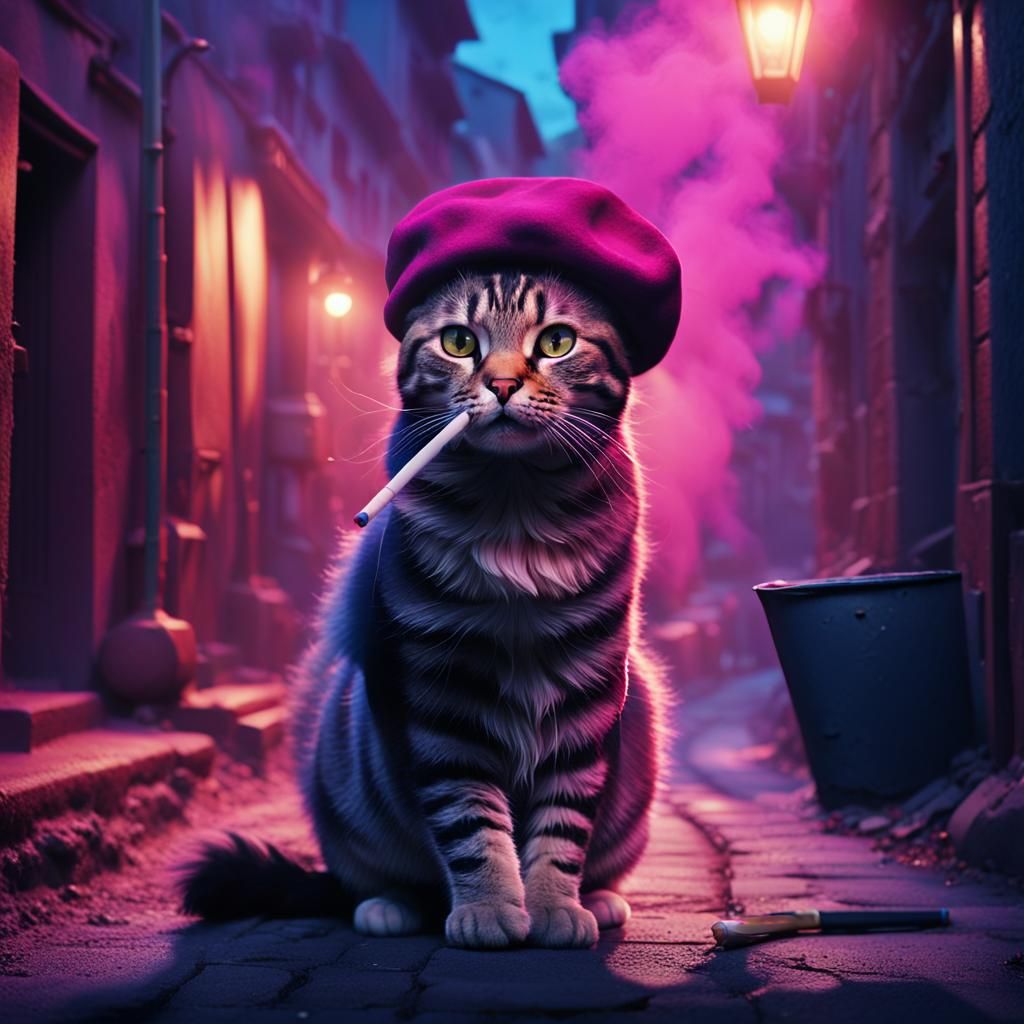 Cat with a fuchsia beret smoking a cigarette