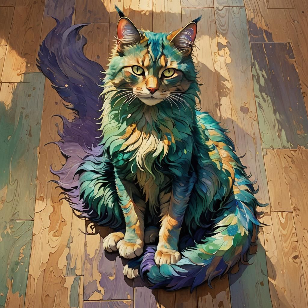 Iridescent Feline in Dreamlike Sci-Fi Landscape